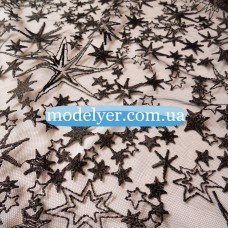 Ткань Сетка с вышивкой звезды (черный)